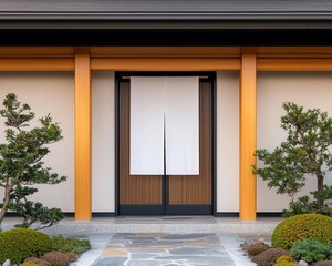 Traditional ryokan entrance with a noren curtain, stone pathway, and warm wooden beams