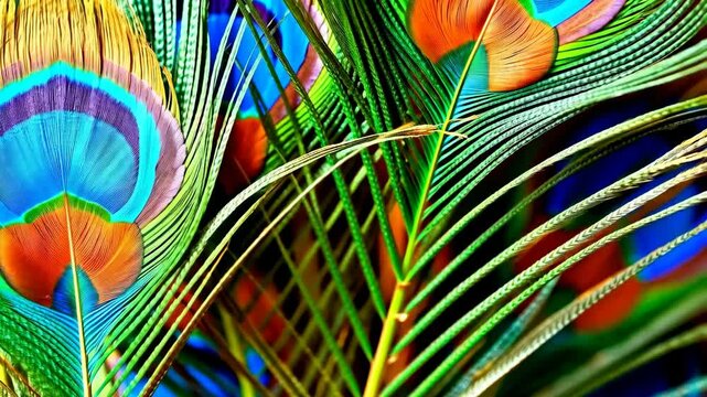 Vibrant peacock feathers macro detail displaying intricate patterns and iridescent colors of blue, green, and orange