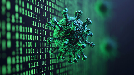 Virus bacteria on a computer screen. Digital representation of a virus on a binary code background.