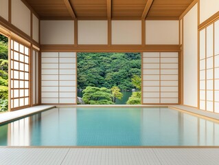 Naklejka premium Highend ryokan with a lakeside view, traditional architecture, and a harmonious blend of nature and design