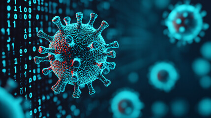 Virus bacteria on a computer screen. Virus illustration with binary code background representing technology and health.