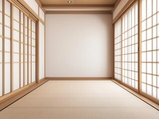 Traditional ryokanstyle interior with tatami flooring, sliding shoji doors, and soft ambient lighting