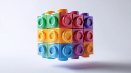 Fototapeta premium A vibrant, floating cube constructed from colorful interlocking plastic blocks, each face a solid hue, against a stark white backdrop. The blocks are 