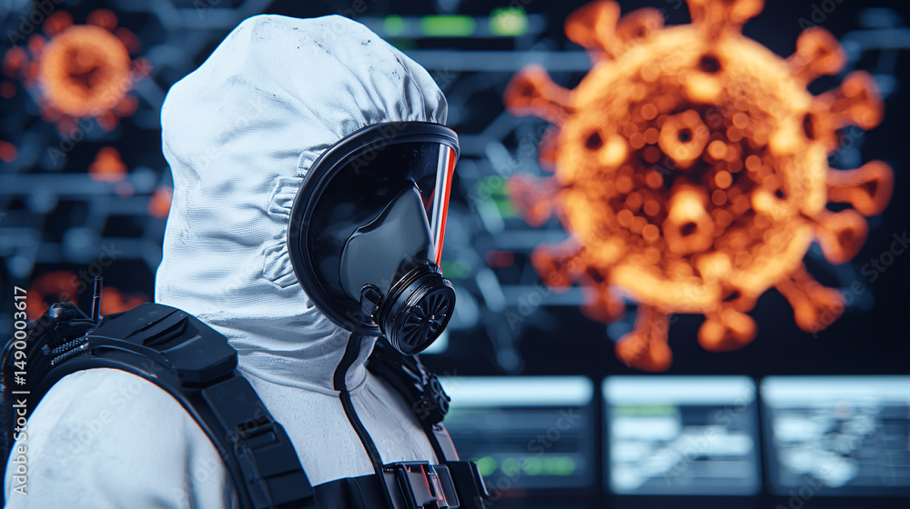 Poster virus bacteria on a computer screen. futuristic scientist in protective gear analyzing virus data.