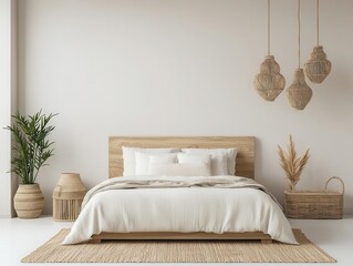 Modern minimalist ryokan bedroom with soft linen futons, handcrafted wooden accents, and a peaceful ambiance