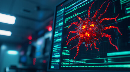 Virus bacteria on a computer screen. Digital rendering of a virus on a computer screen with data interface.