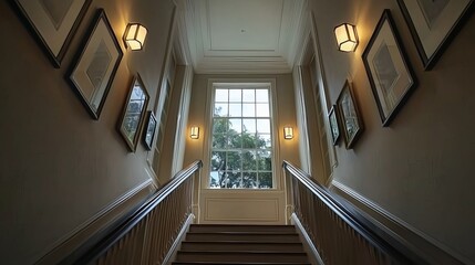 Fototapeta premium 38. Staircase landing with framed pictures, lit by warm wall lights and a nearby window