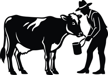 Farmer Milking Cow Scene Silhouette