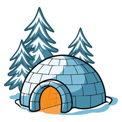 Snow igloo with frozen tree isolated vector illustration on white background