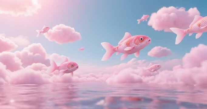 Pink koi fish swim in and out of pink clouds