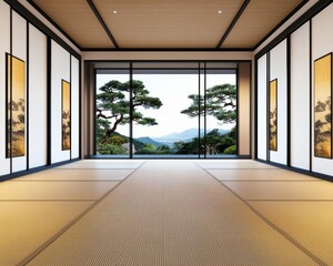 Fototapeta premium Artistic ryokanstyle room with fusuma sliding panels featuring delicate inkpainted landscapes