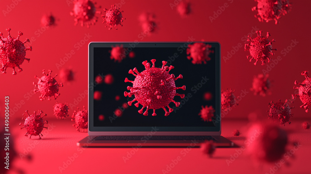 Aufkleber virus bacteria on a computer screen. laptop displaying virus imagery on a red background.