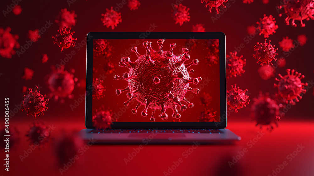 Poster virus bacteria on a computer screen. digital representation of a virus on a laptop against a red bac