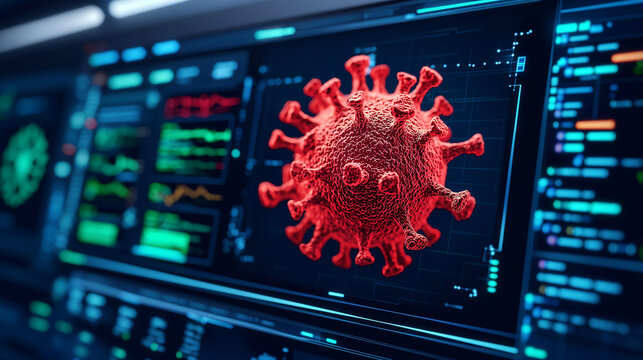 Virus bacteria on a computer screen. 3D illustration of a virus on a digital interface background.