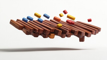 Naklejka premium A levitating arrangement of dark brown rectangular wooden blocks, interspersed with scattered small colorful oblong and cubic shapes in blue, red, yellow, 