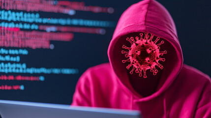 Virus bacteria on a computer screen. Hacker with virus symbol instead of face against code backdrop.