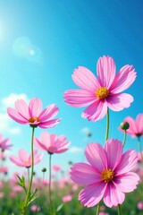 Serene background of pink cosmos flowers under a clear blue sky in full bloom, botany, field