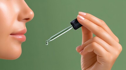 Obraz premium Woman Preparing To Apply Serum On Smooth Skin With A Dropper Against A Soft Green Background