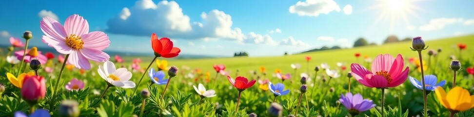 Fototapeta premium Serene landscape filled with colorful nemophila flowers on a sunny day, spring, colorful