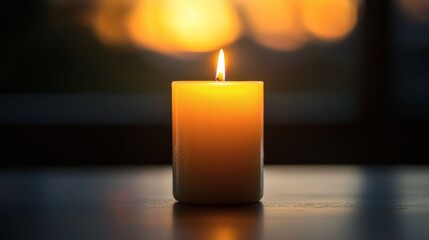 91. Candle burning on a table, lit by its own flame and warm room light
