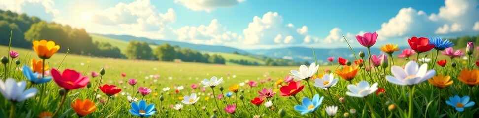 Obraz premium Serene landscape filled with colorful nemophila flowers on a sunny day, nemophila, serene, sunny