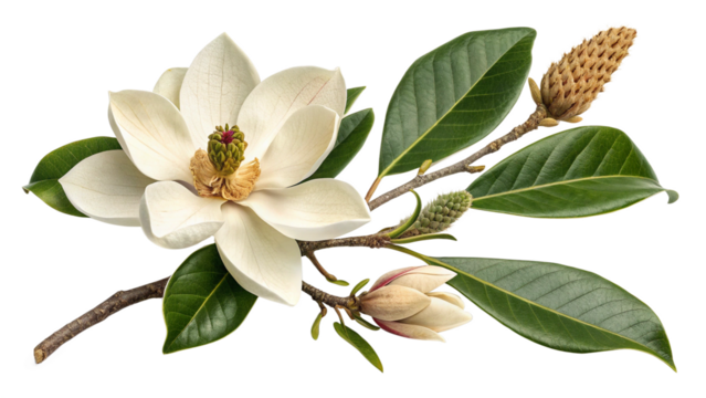 Herbal medicine plant Magnolia officinalis or Magnolia-bark on white or transparent background