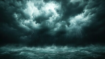 Obraz premium Powerful storm at sea. Dark, ominous clouds gather overhead, unleashing heavy rain and lightning. Waves crash against a turbulent sea