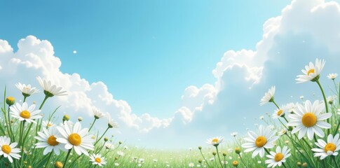 Serene sky backdrop with delicate chamomile pattern, serene, pattern, flowers