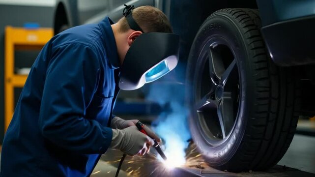 Mechanic welding car underbody while vehicle is lifted in garage.