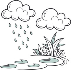 Rainy Day at the Pond Simple Illustration