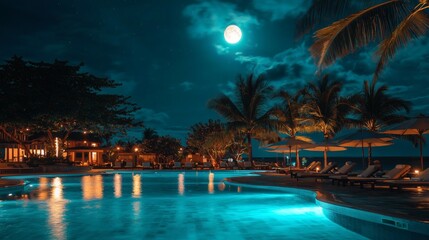 Fototapeta premium 108. Pool area lit by warm pool lights and moonlight