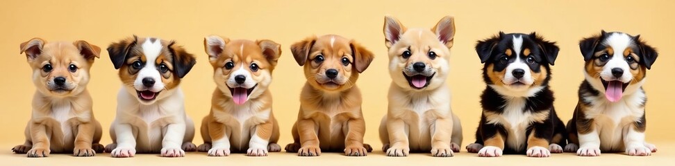 Set of cute dog puppies in different breeds and colors, line icon, puppies, adorable