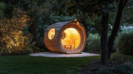 113. Playhouse for children, lit by warm internal light and natural light