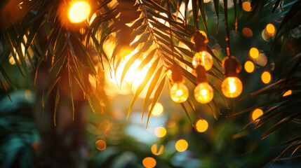 Warm sunset string lights through palm trees