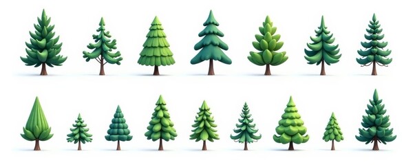 Obraz premium Set of pine tree icons in various styles and sizes on white background, tree, icon