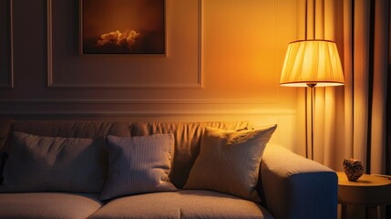 122. Sofa with cushions and throw pillows, lit by warm table lamp and ambient light