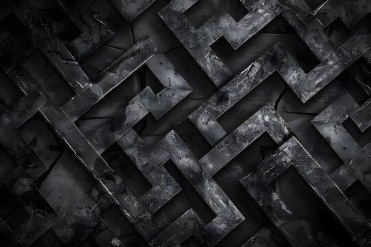 Abstract Dark Maze: Exploring Interlocking Geometric Shapes with a Distressed, Textured Surface, Creating a Complex and Intriguing Visual Puzzle, Featuring a Monochromatic Color Palette for a Mysterio
