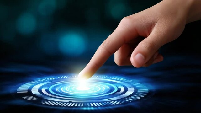 A hand interacts with a glowing touch interface, symbolizing digital connectivity.