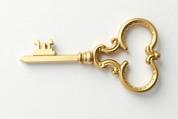 Shiny gold key with intricate design on white background, key, white, intricate