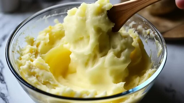Creamy mashed potatoes being stirred with a wooden spoon in a clear bowl on a marble countertop