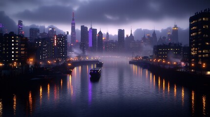 Fototapeta premium City skyline at night, reflected in a river, with fog and lighting