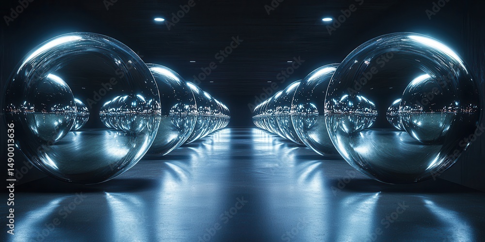 Aufkleber a futuristic hallway with large mirrored spherical structures reflecting light.