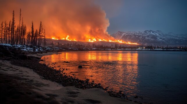 A massive wildfire engulfs the hillside as night falls, casting an orange glow over the landscape and creating striking reflections in the calm water below
