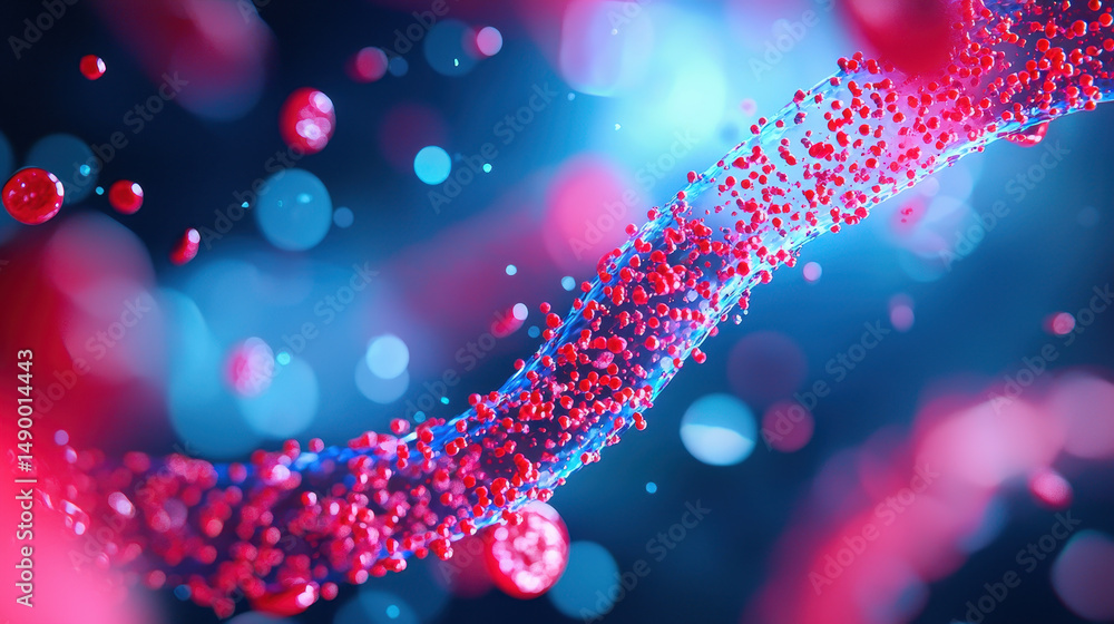 Aufkleber closeup of glowing particles in vibrant, abstract background, showcasing dynamic flow of red and blu