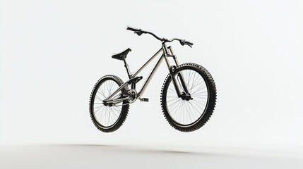 Fototapeta premium A metallic gray mountain bike, seemingly floating against a stark white background, showcases its full-suspension design, robust frame, and knobby tires, ready for off-road adventures