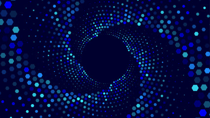Blue hexagons forming a swirling spiral pattern around a dark center. Abstract background.