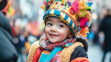 Fototapeta premium Child in Colorful Festive Headwear: Parade, Carnival, Celebration