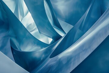 Abstract Blue Curves: Exploring Swirling, Intertwined, Dynamic Shapes with Textured, Glossy Surfaces in a Modern Architectural Design, Evoking Feelings of Serenity and Sophistication.