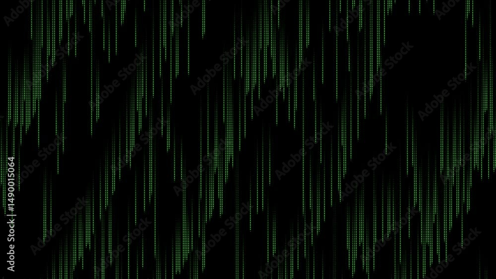 Poster Green matrix abstract dots raining binary code without symbols and characters. Black background. Abstract halftone loop animation