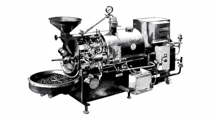 Illustrated vintage coffee roaster workshop beans roasting view